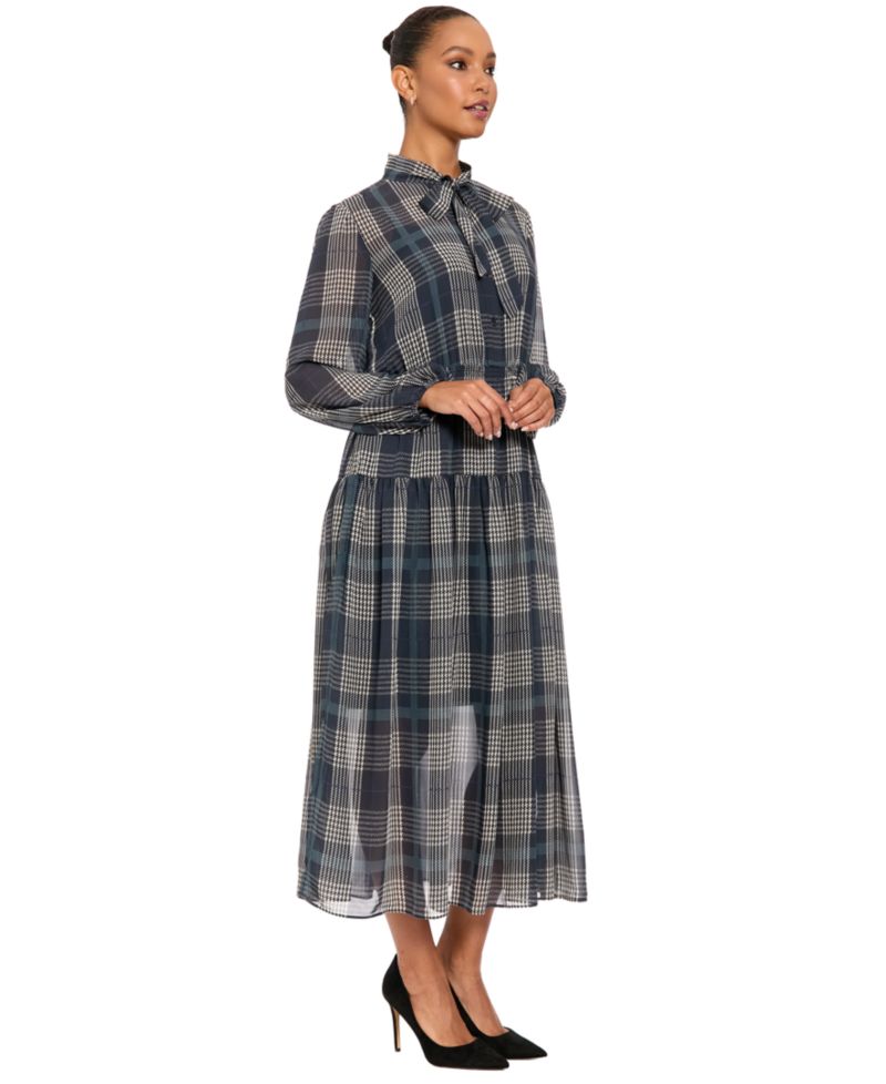 Women's Plaid-Print Midi Tie-Neck Dress