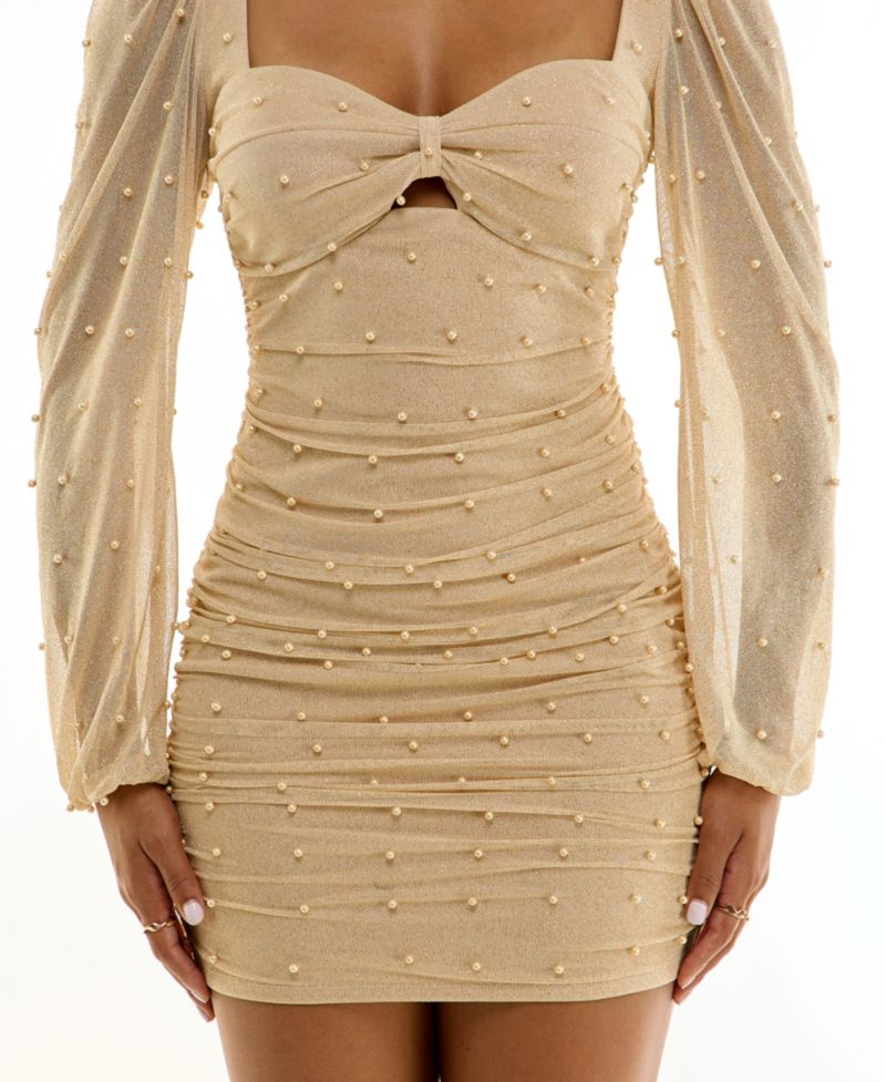 Juniors' Imitation Pearl and Glitter Long Sleeve Body-Con Dress