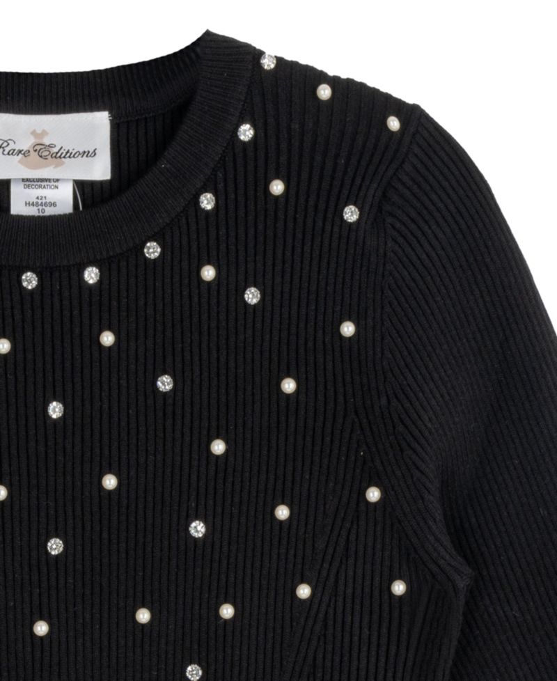 Girls' 7-16 Sweater Knit Imitation Pearl Long-Sleeve Fit-and-Flare Sweater Dress