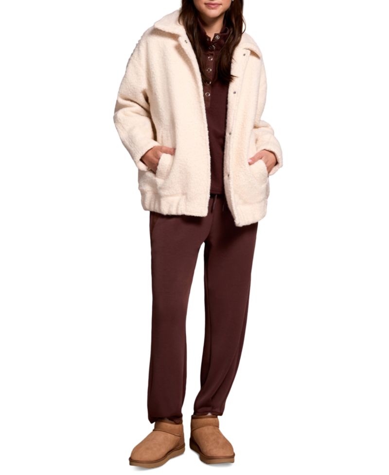 Women's Soft Boucle Bomber Jacket with Hidden Snaps