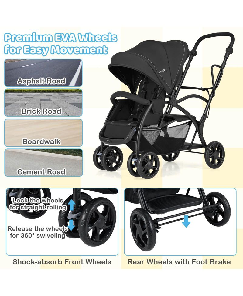 Sit and Stand Double Stroller with Adjustable Handle Bar Backrests Footrest Canopies