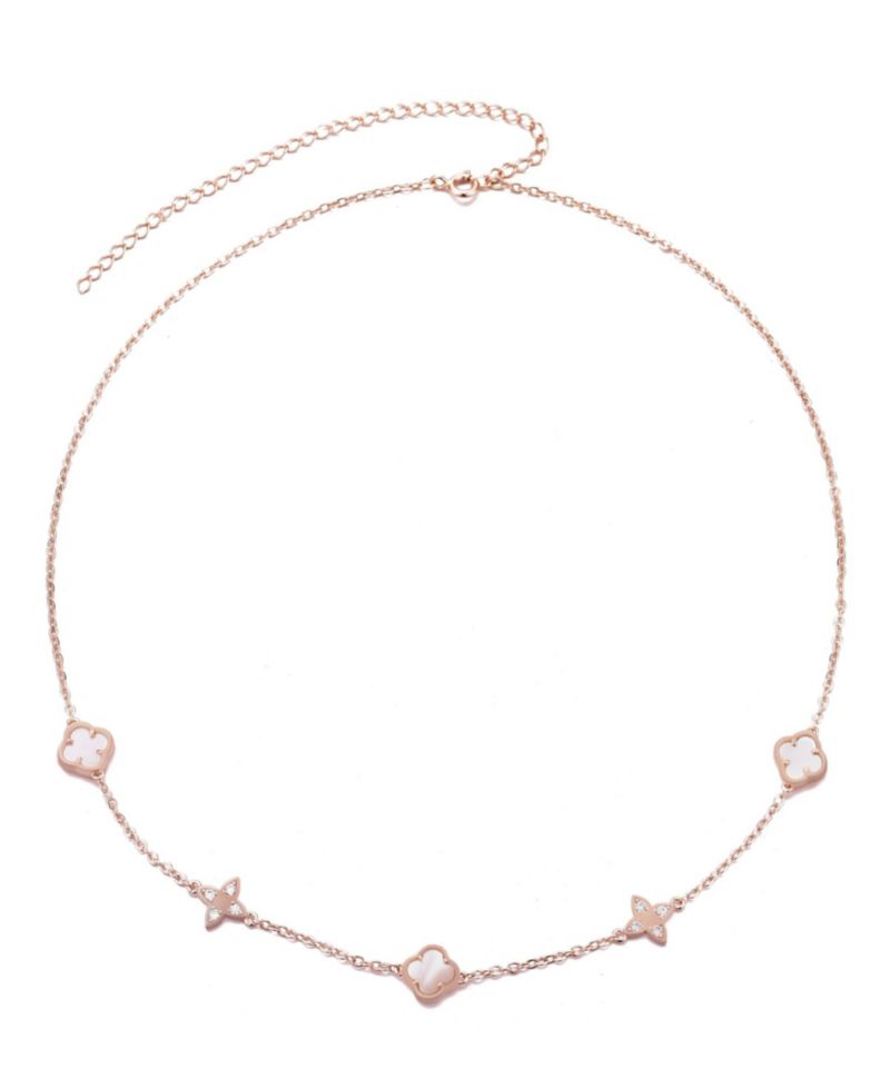 Rose Gold Mother of Pearl CZ Clover Station Necklace