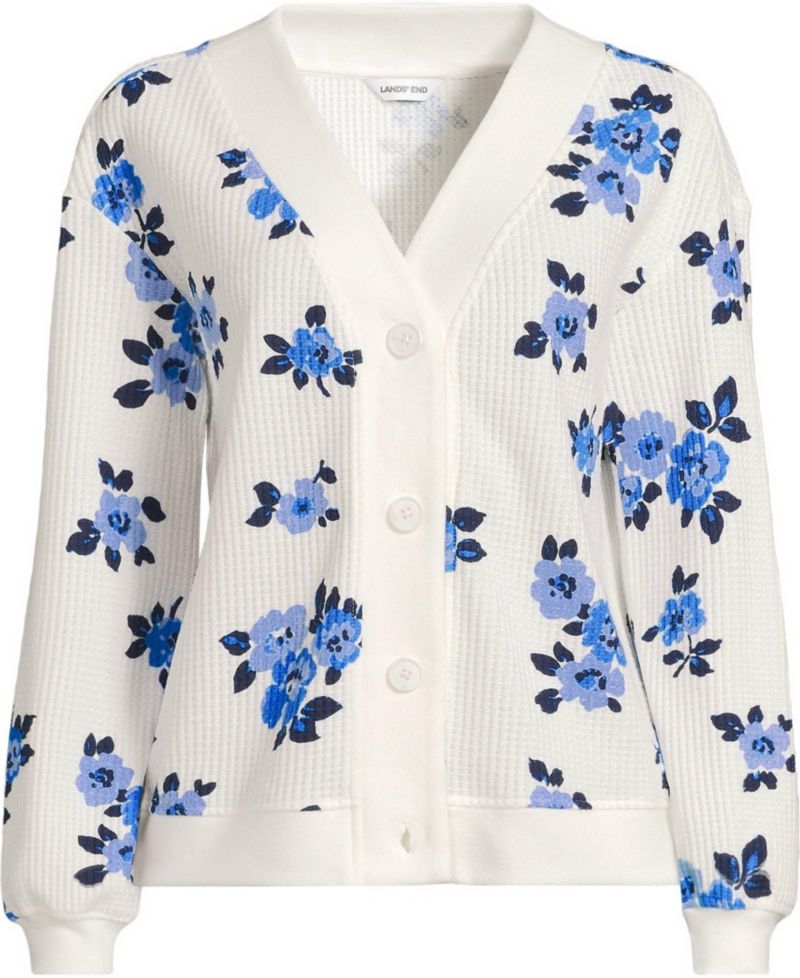 Women's Waffle-Knit V-Neck Cotton-Blend Cardigan