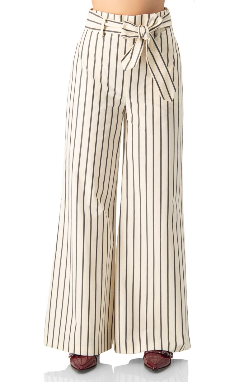 Women's Striped Bow-Belted Wide-Leg Trousers