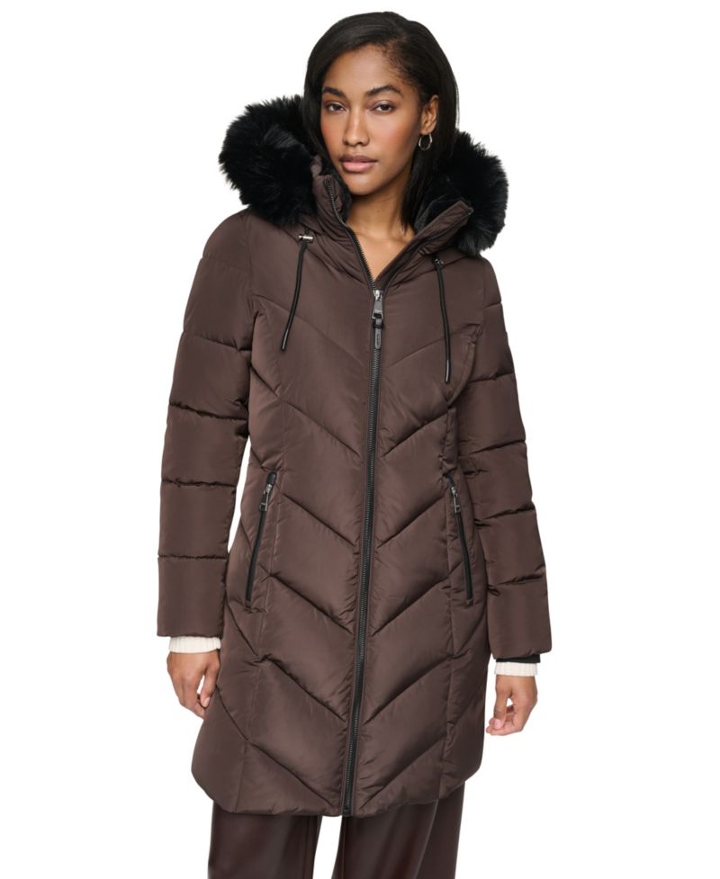 Women's Walker Length Puffer with Faux Fur Trimmed Hood Coat