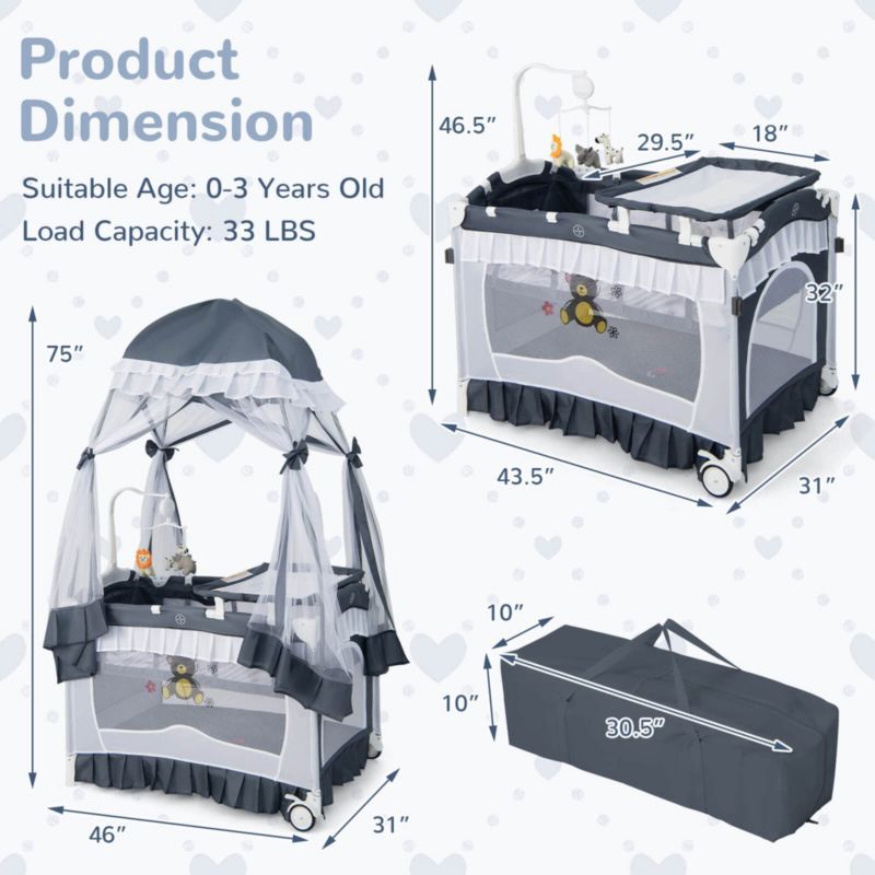 4 in 1 Portable Baby Playard Crib Bassinet Bed Changing Table Canopy