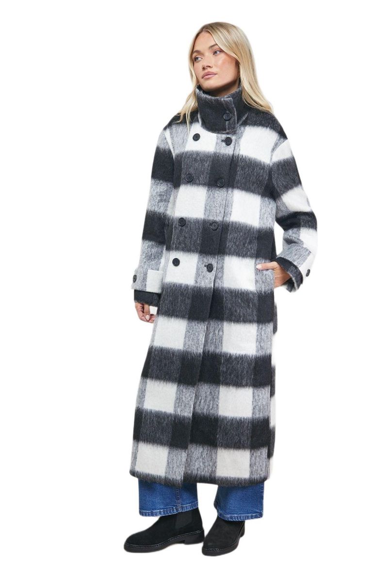 Women's Brushed Check Funnel Neck Coat