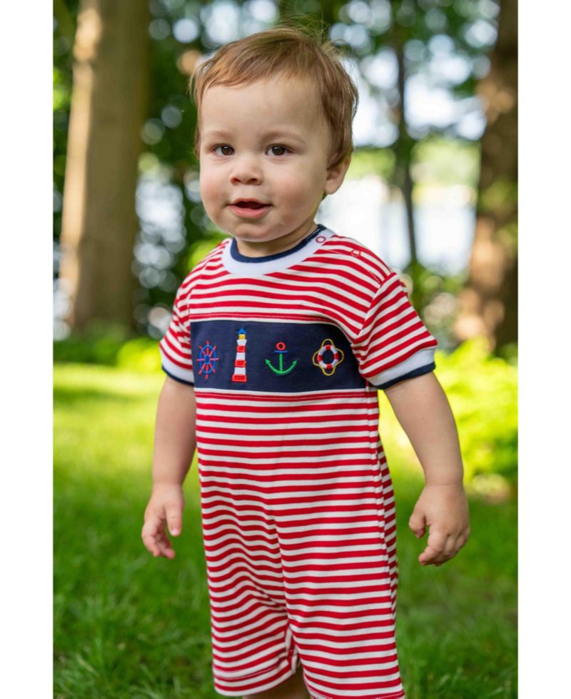 Baby Boy Stripe Knit Shortall With Nautical Applique