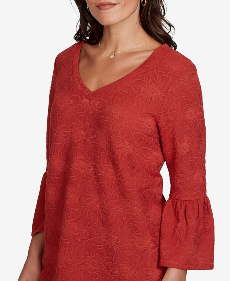 Petite V-Neck Floral-Print Bell-Sleeve Top