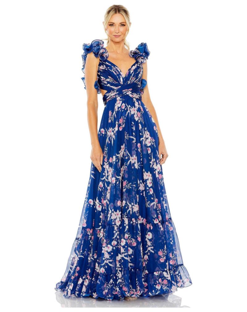 Women's Ruffle Tiered Floral Cut-Out Chiffon Gown
