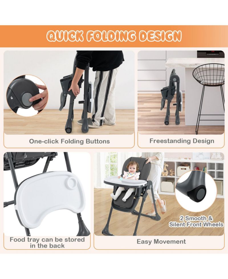 Toddler High Chair w/ 7 Height and 3 Footrest Adjustable Cup holder 2 Wheels