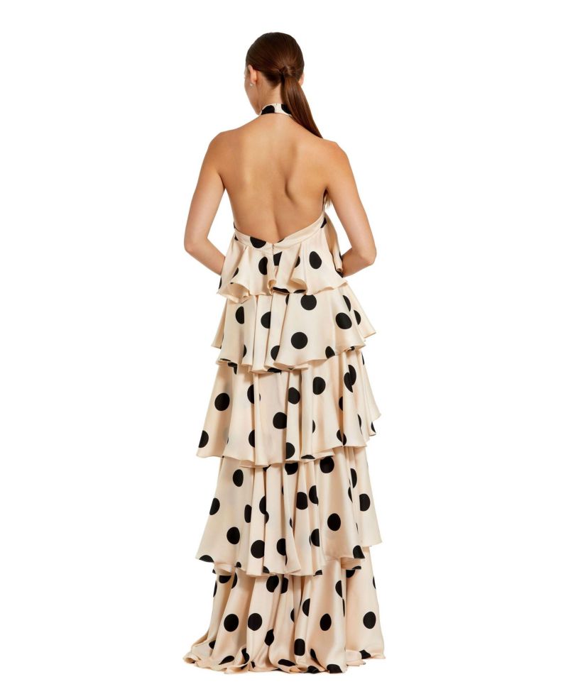 Women's Polka Dot Charmeuse Halter Tiered Ruffle Gown