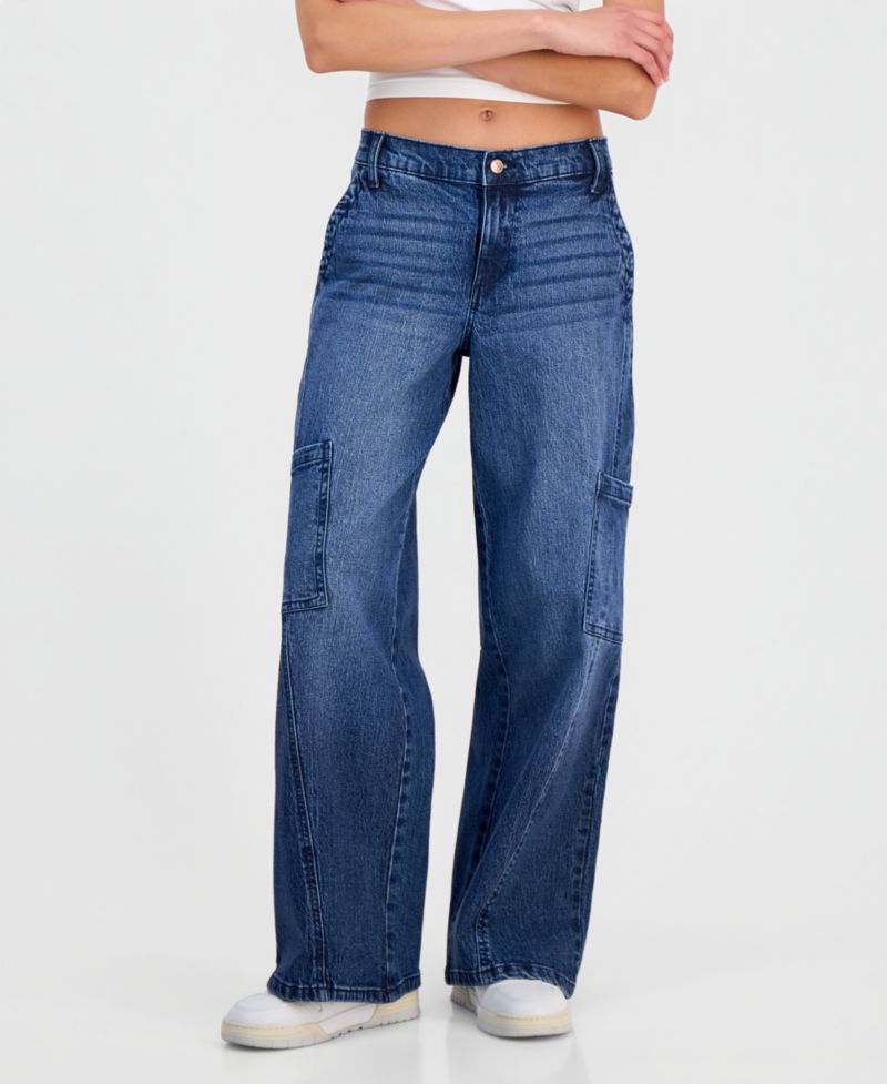 Juniors' Elastic-Back Mid-Rise Wide-Leg Cargo Jeans