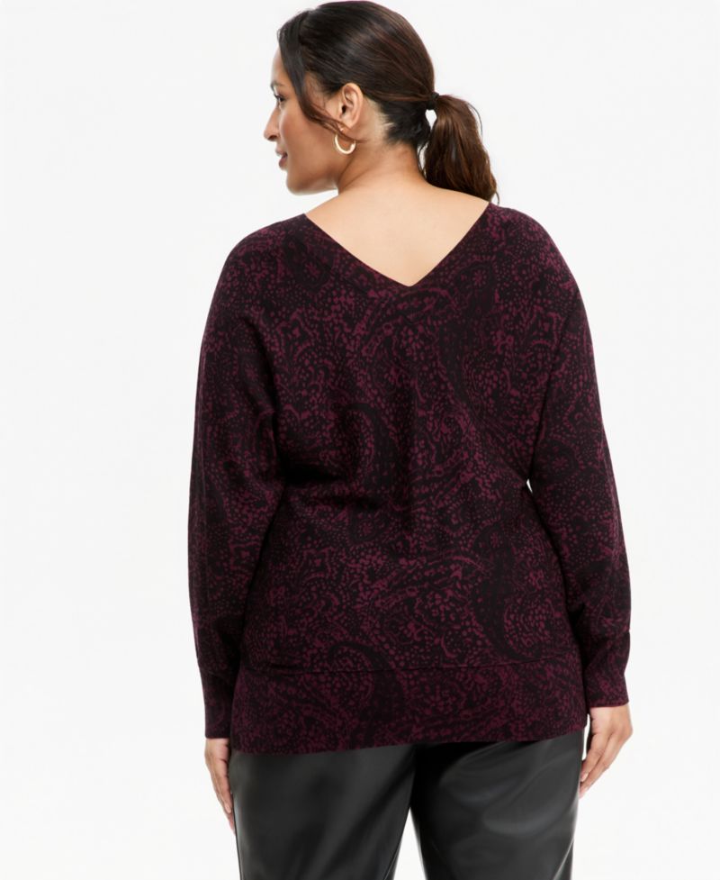 Plus Size Paisley V-Neck Long-Sleeve Sweater