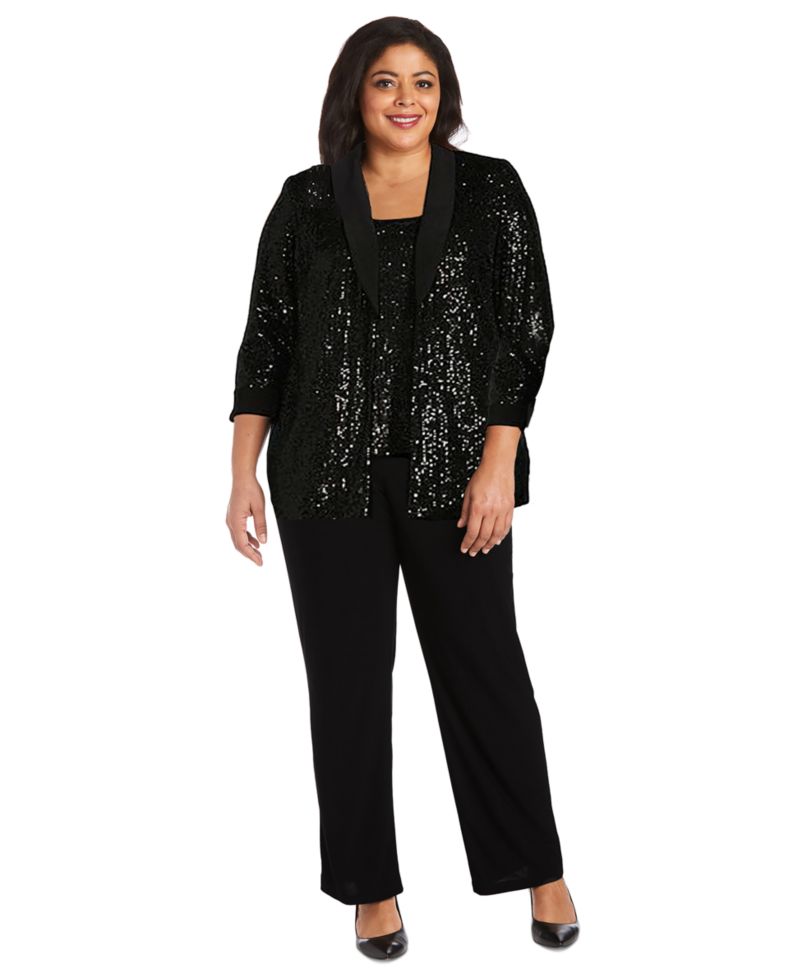 Plus Size Sequined Sleeveless Top, Open-Front Jacket & Pants Set