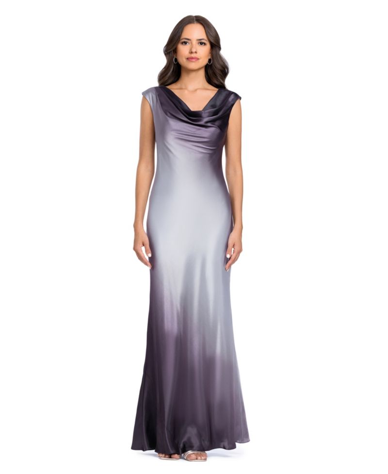 Petite Long Ombre Drape Charm Cowl Neck Satin Gown
