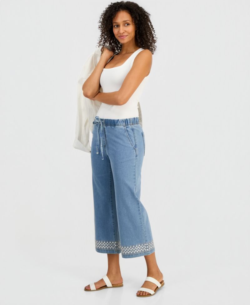 Women's Sequined Pull-On High-Rise Cropped Wide Leg Jeans