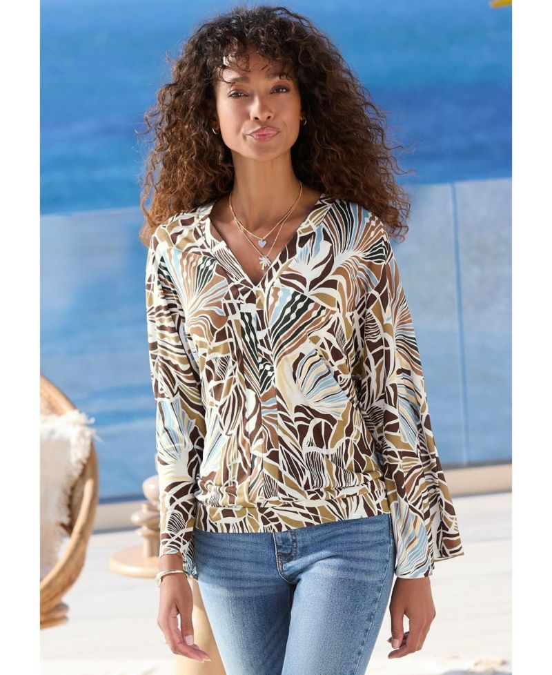 Women's Printed V-Neck Long Dolman-Sleeve Top