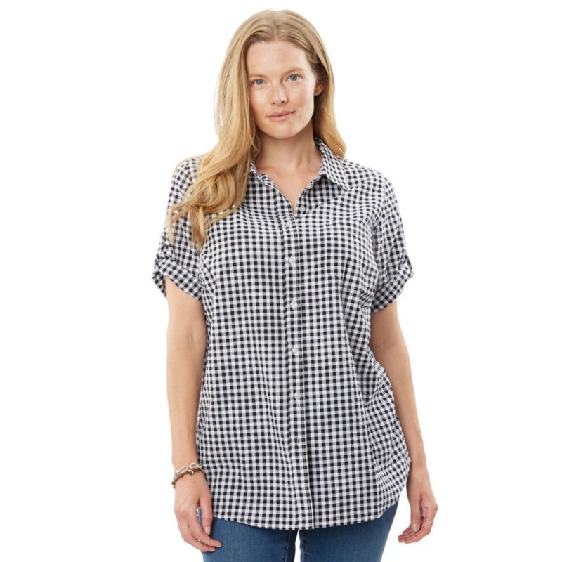 Plus Size Within Short-Sleeve Button-Down Cotton Seersucker Shirt