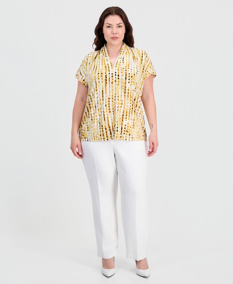 Plus Size Printed V-Neck Short-Sleeve Blouse