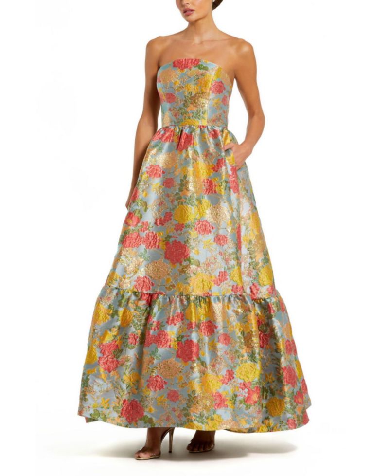 Women's Strapless Brocade Floral Gown With Ruffle Hem