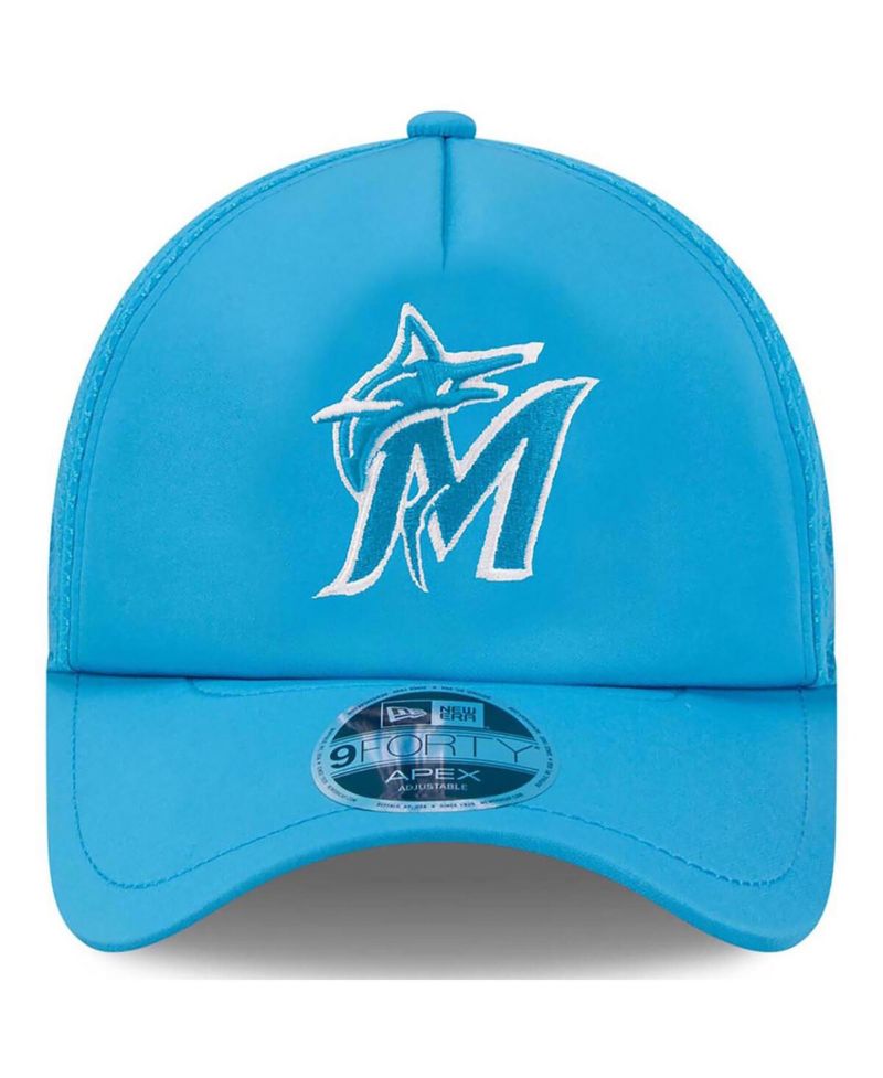 Men's Blue Miami Marlins 2026 Batting Practice Apex 9FORTY Adjustable Trucker Hat