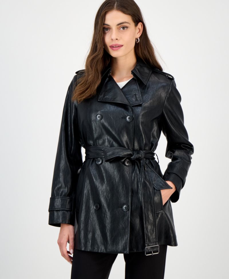 Petite Double-Breasted Faux-Leather Belted Trench Coat