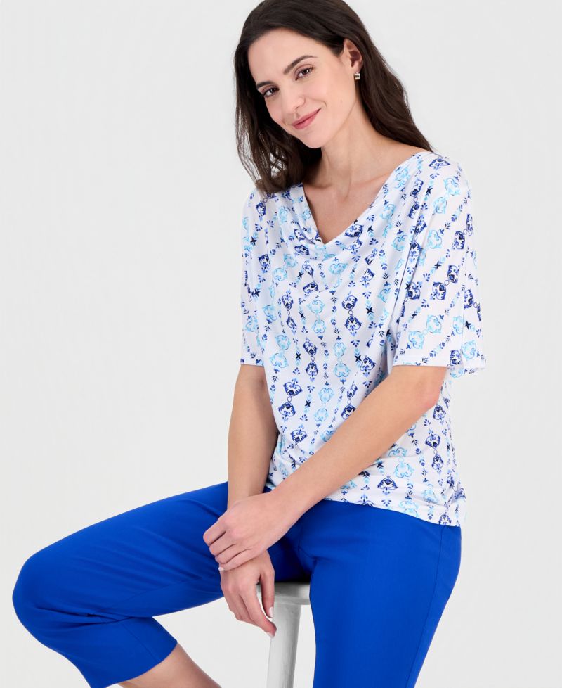 Women's Printed Cowl-Neck Knit Top