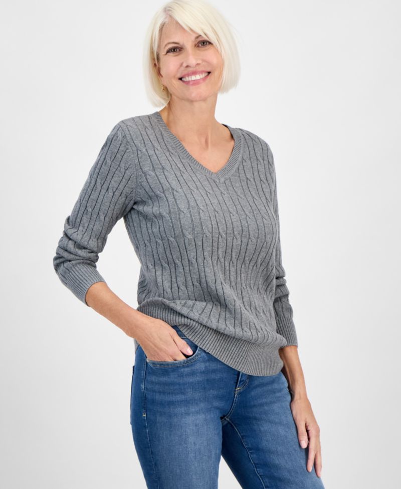 Petite Cotton Cable-Knit V-Neck Sweater