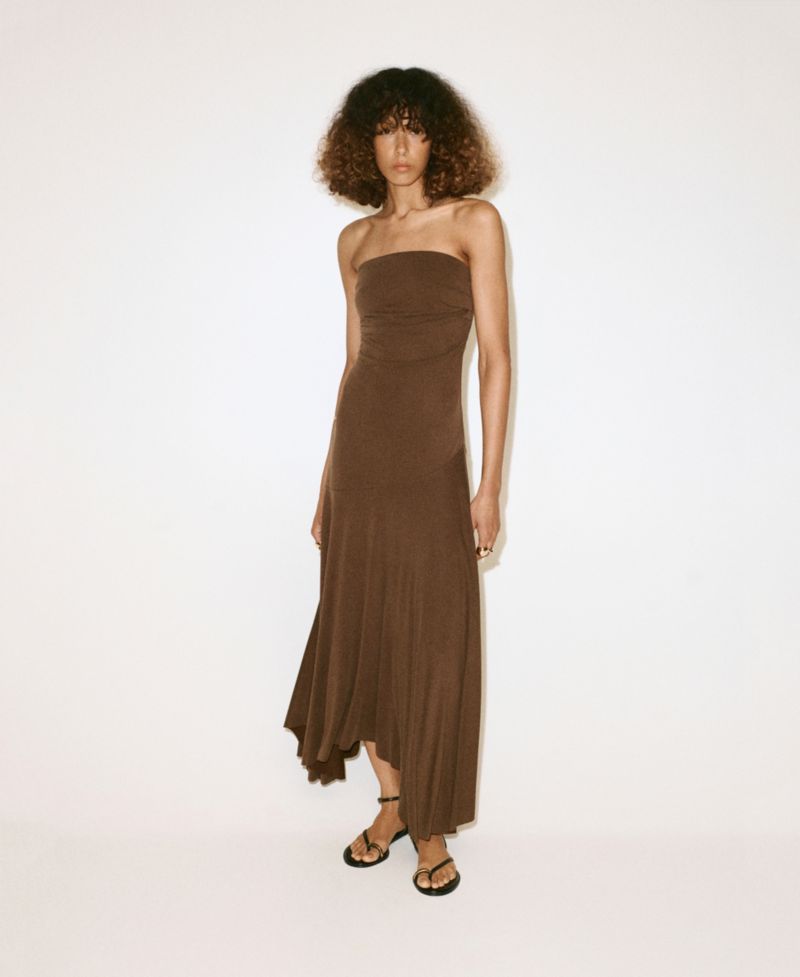 Women's Asymmetric Bandeau Ruched Midi Dress