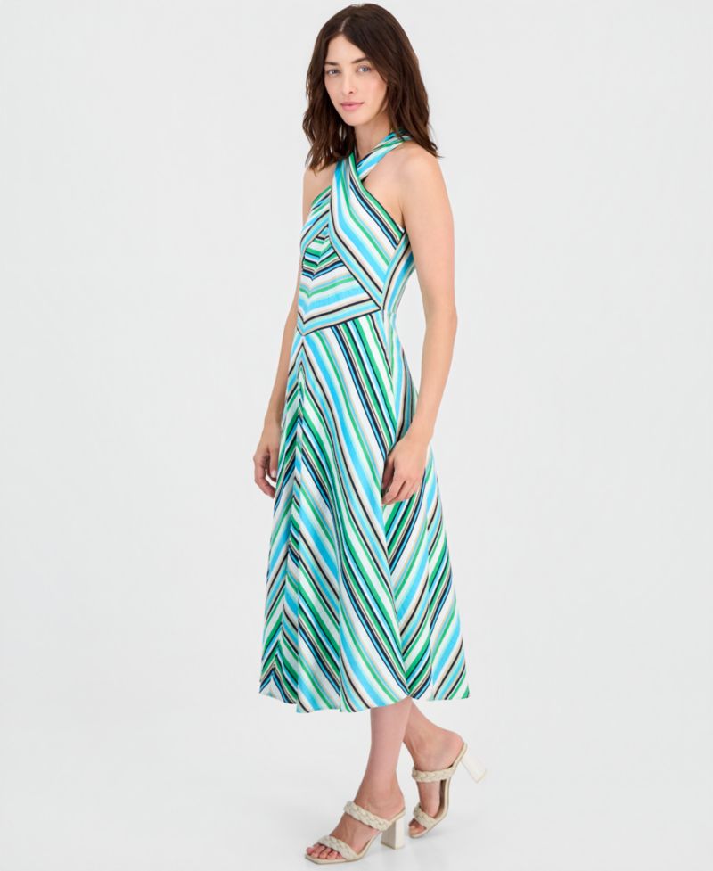 Women's Striped Crisscross Halter Midi Dress