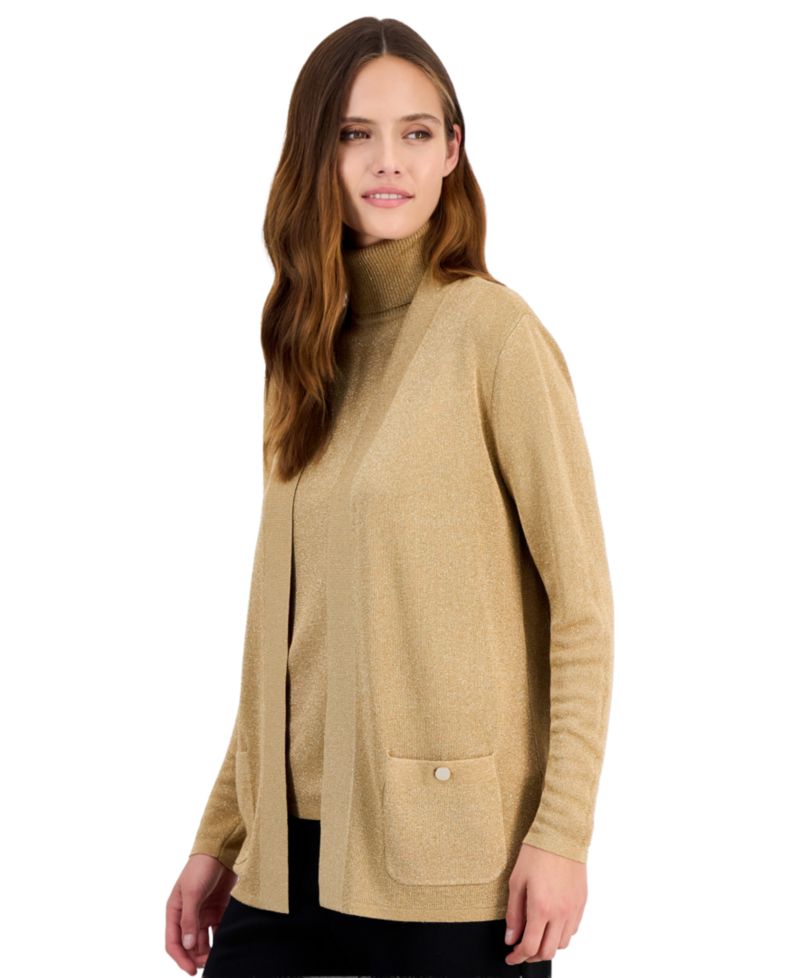 Petite Malibu Lurex Long-Sleeve Open-Front Cardigan Sweater