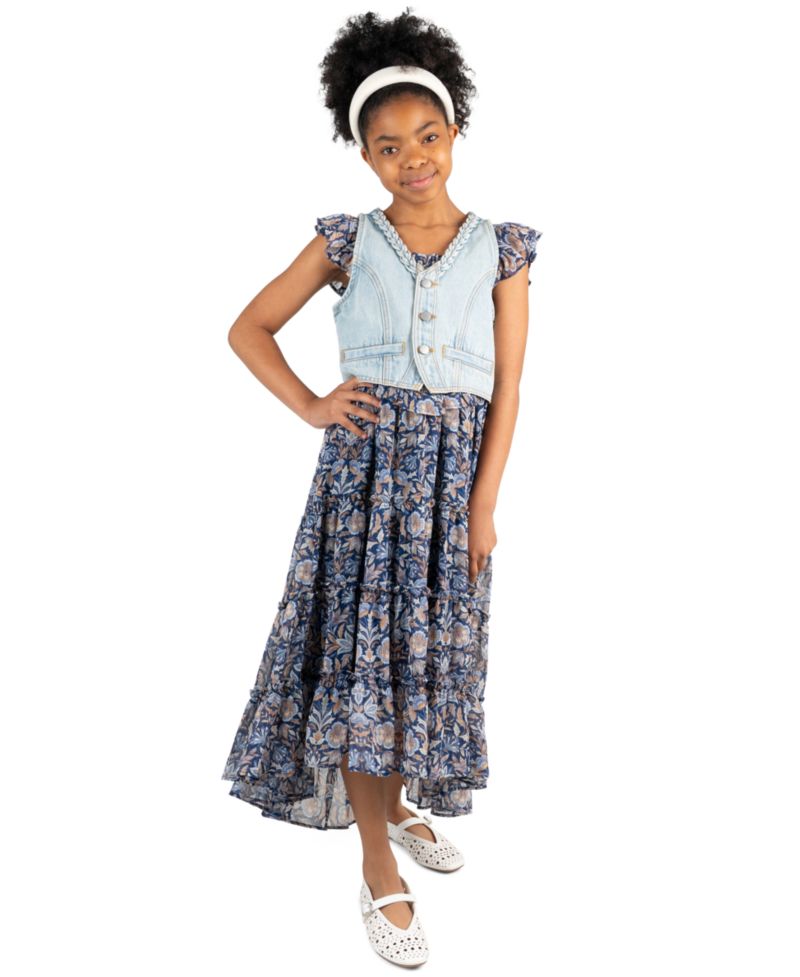 Girls' 7-16 Floral Print Sleeveless Dress and Denim Vest, 2-Piece Set