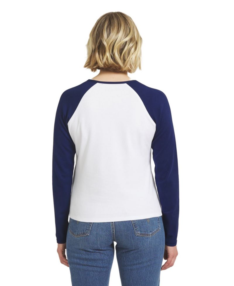 Women's White/Navy New England Patriots Henley Long Sleeve Raglan T-Shirt
