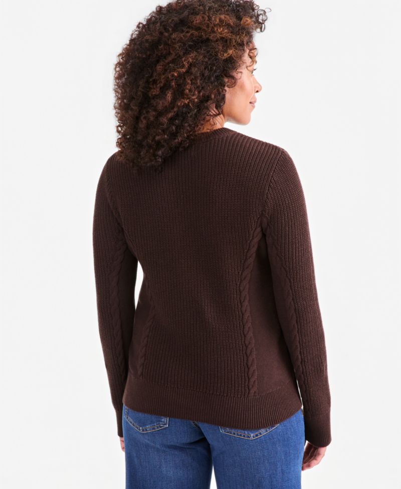 Petite Mixed Rib Cable-Knit Cotton Crewneck Pullover