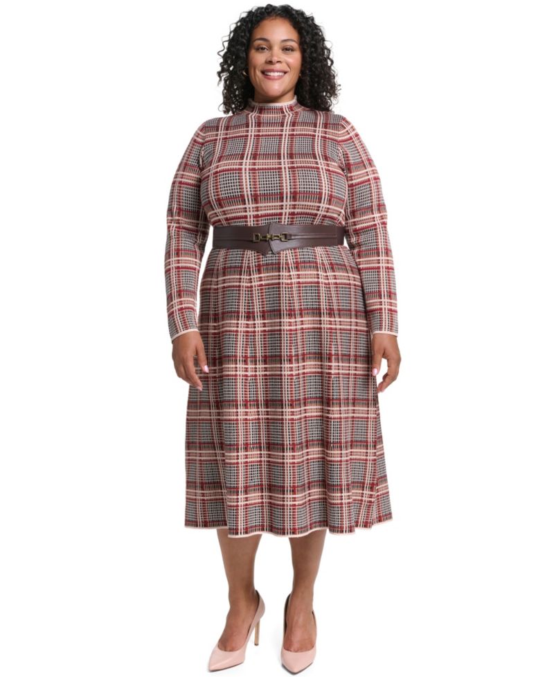 Plus Mock Neck Long-Sleeve Fit & Flare Dress