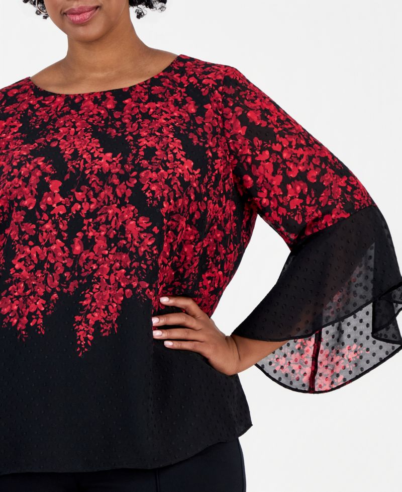 Plus Size Floral-Print Boat-Neck Ruffle-Sleeve Blouse