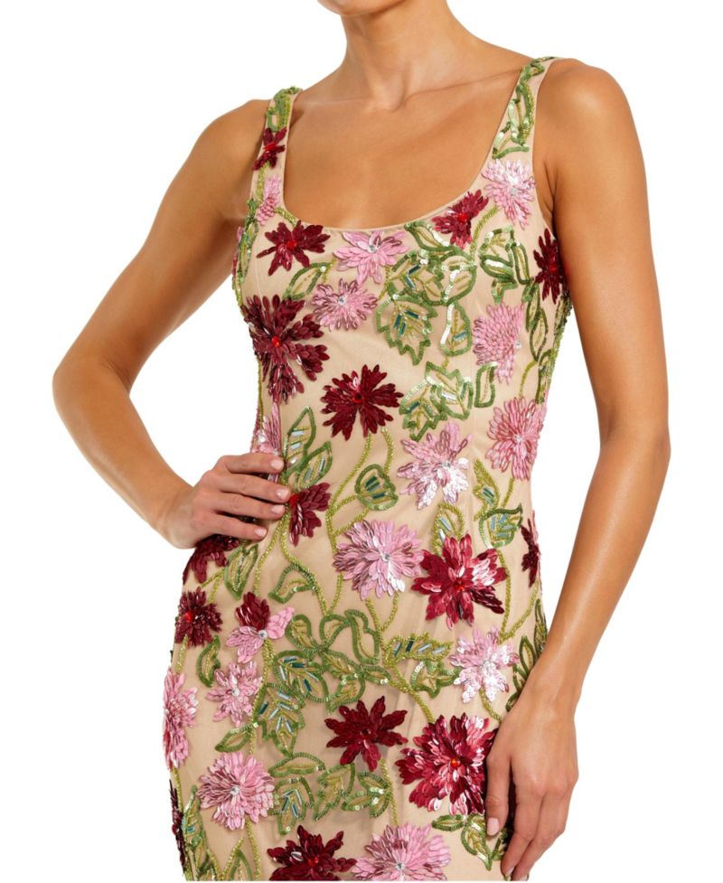 Women's Floral Beaded Mesh Scoop Neck Fitted Midi Dress