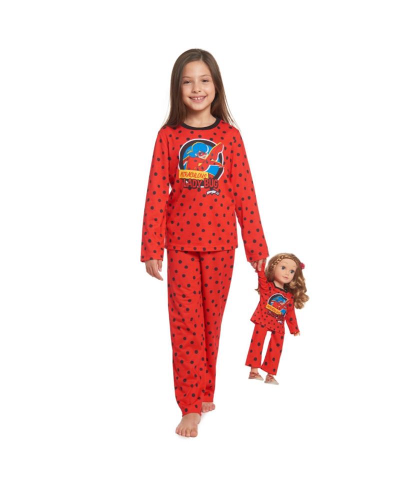 Girls Ladybug Pajama Shirt Pants and Matching Doll Outfits 4 Piece Set