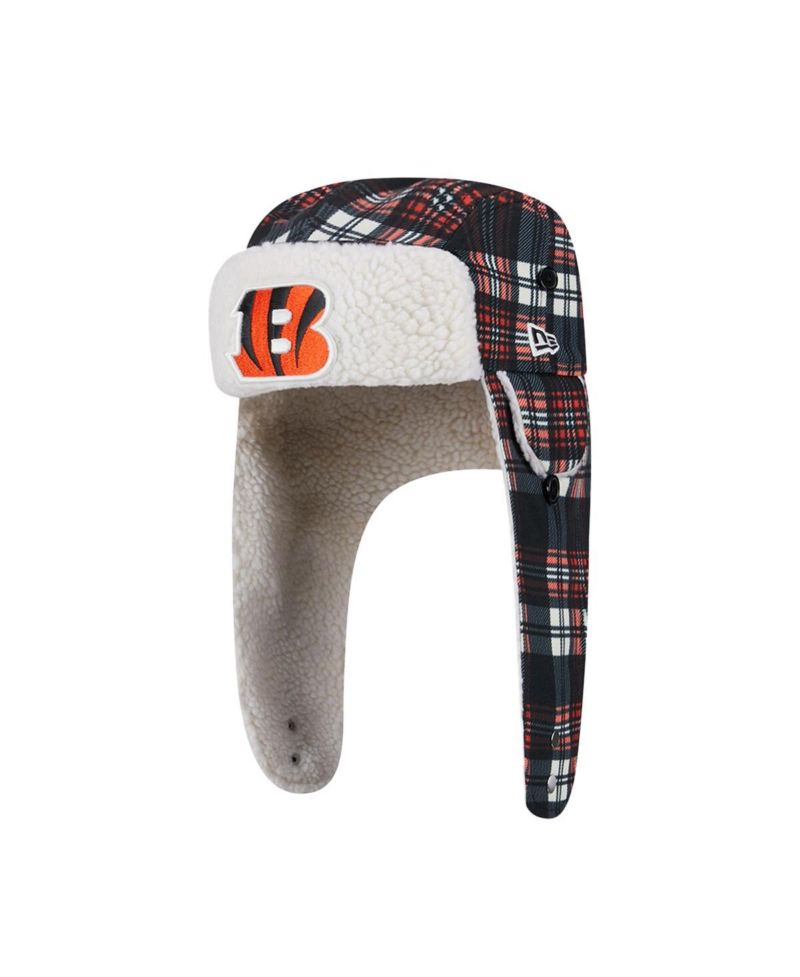 Black Cincinnati Bengals Sideline Plaid Sherpa Trapper Hat
