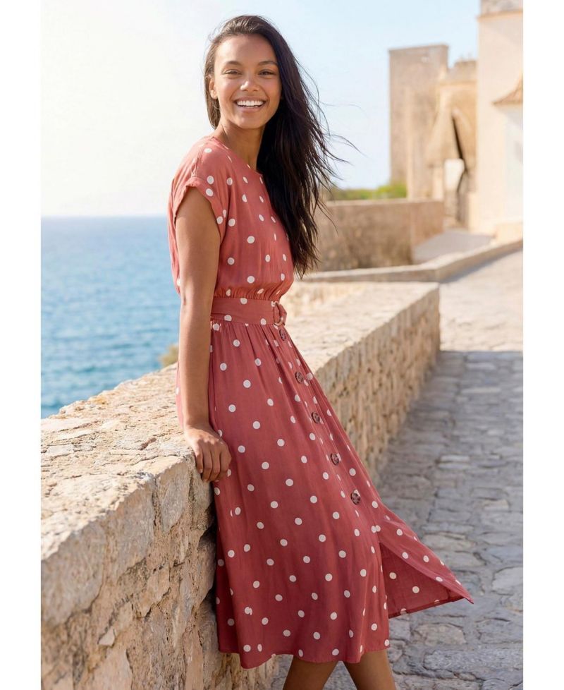 Women's Polka-Dot Short-Sleeve Belted Midi Dress