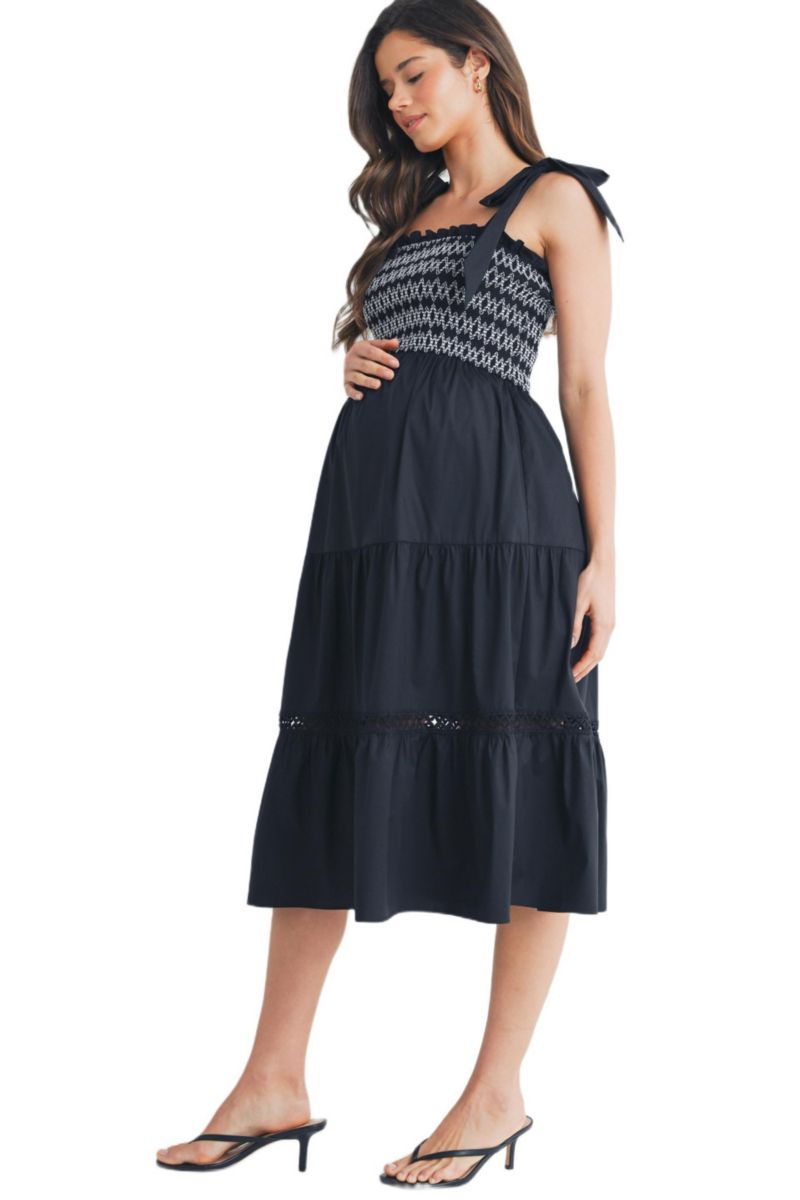 Women's Smocked Empire Waist Midi Dress with Shoulder Ties