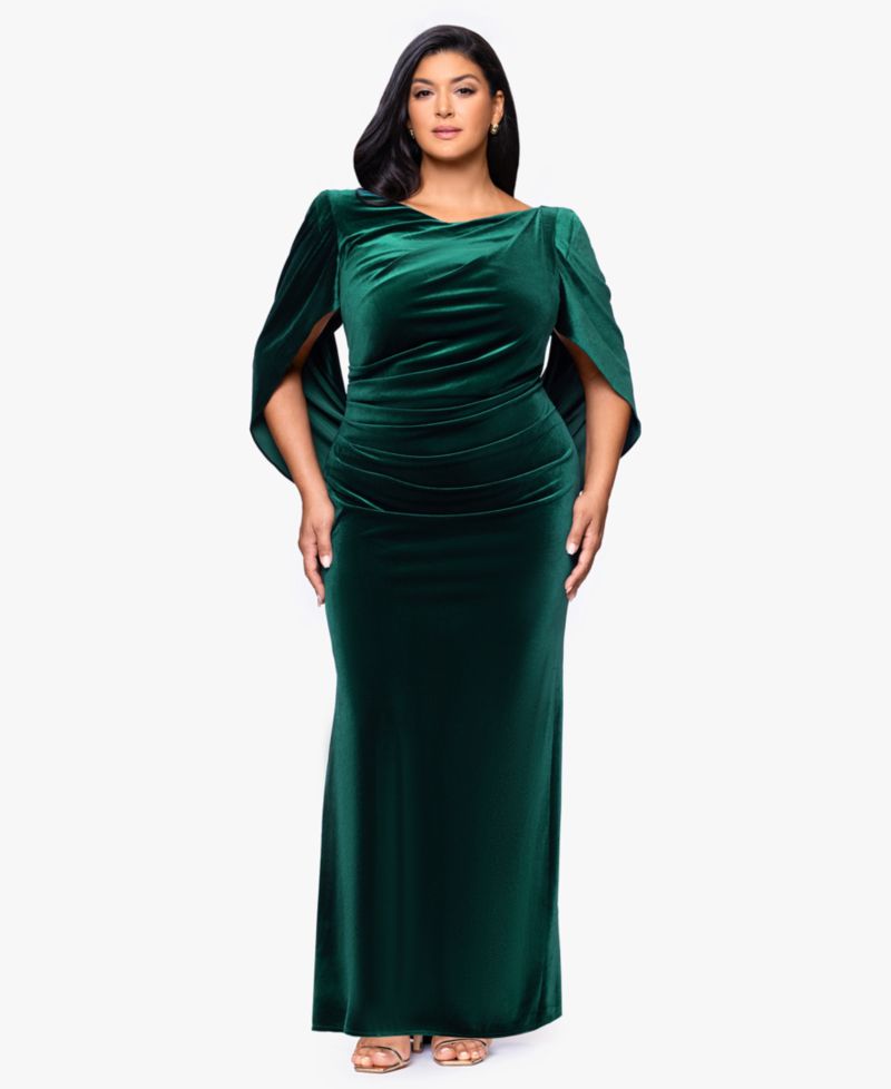 Plus Size Velvet Boat Neck Long Drape Back Gown