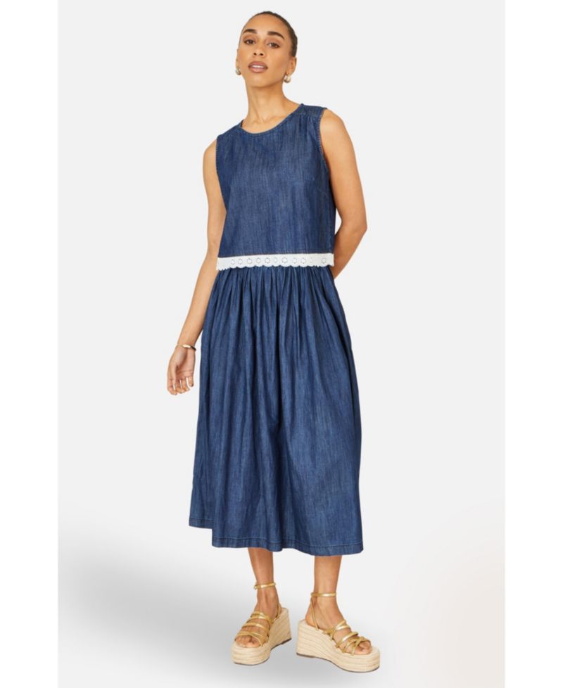 Women's Denim Chambray Gathered Midi Skirt