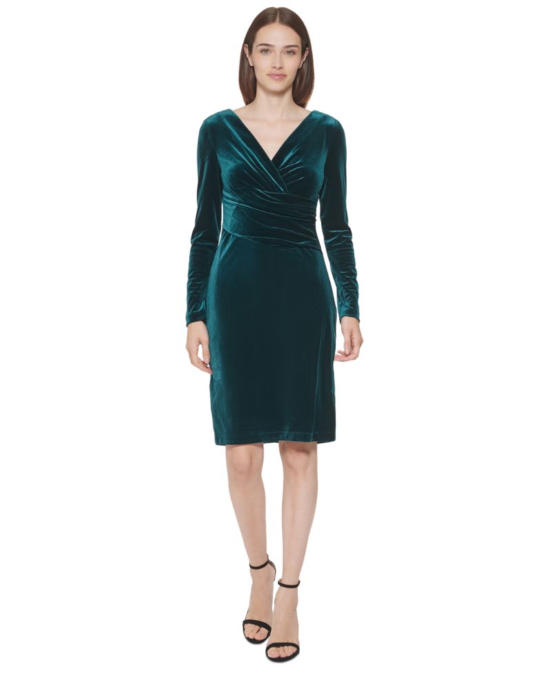 Petite Long-Sleeve Velvet Sheath Dress