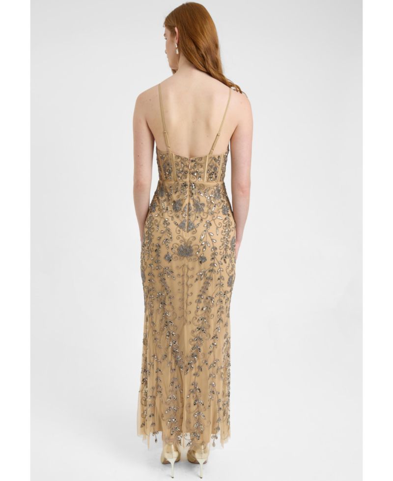 Women's Embellished Sequin Beaded Corset Maxi Dress With Deep V-Cut