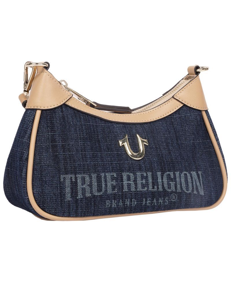 Blair Denim and PU Shoulder Bag Logo Denim Mini Shoulder Bag with Detachable Strap