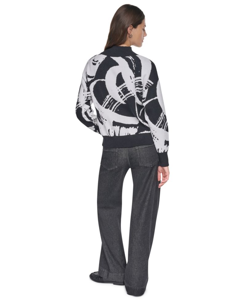 Women's Mock Neck Heart Brushstroke Long-Sleeve Pullover Sweater
