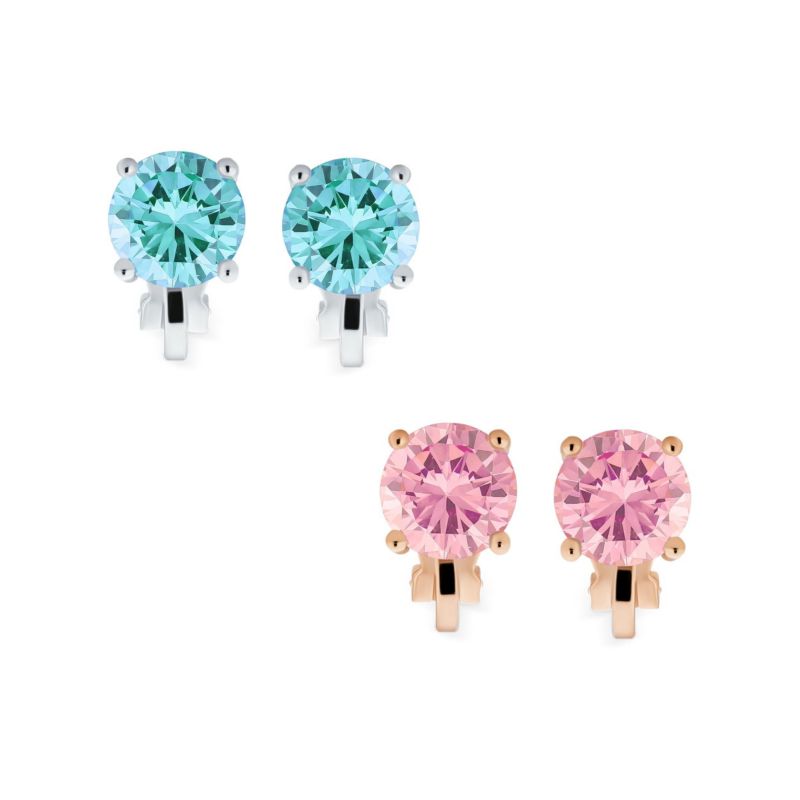 Classic Aqua Pink CZ Clip-On Stud Earrings Rose Gold Silver Plated 2 Set