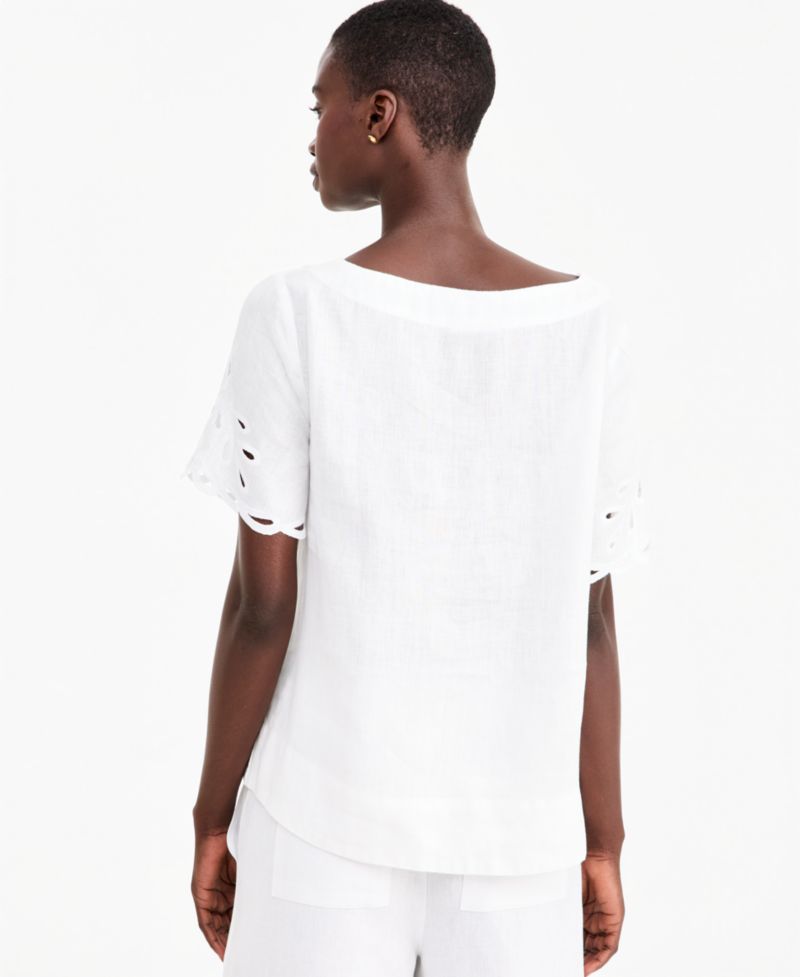 Women's Boat Neck Short Sleeve Scalloped-Edge Linen Blouse